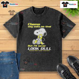 Cute Snoopy graphic on a washed t-shirt for Sarcoma Bone Cancer Awareness, promoting positivity despite chemo fatigue.