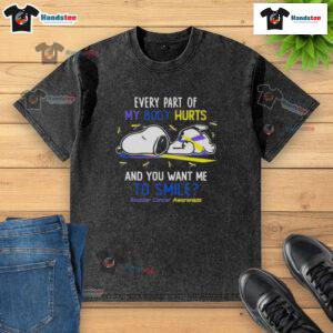 Alt Text: Cute Snoopy t-shirt with Every Part of My Body Hurts slogan, promoting Bladder Cancer Awareness in a playful design.