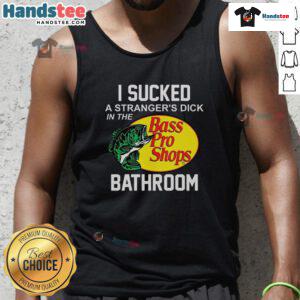 Funny Bass Pro Shops tank top featuring humorous text about a bathroom encounter, perfect for casual outings.