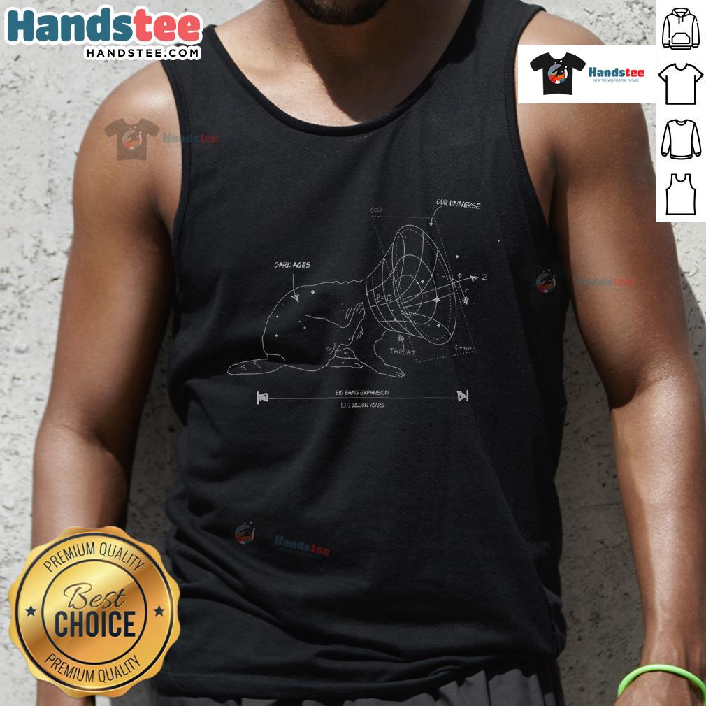 Funny cat in a tank top illustrating the Big Bang expansion, blending science and humor in the universe theme.