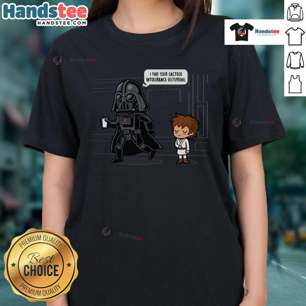 Funny Darth Vader dad duties tee featuring the phrase 'I find your lactose intolerance disturbing' for geeky dad humor.