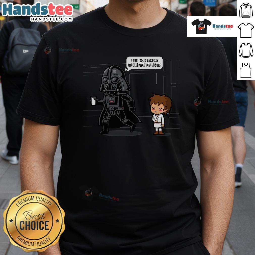 Alt Text: Funny Darth Vader Dad Duties T-shirt featuring I Find Your Lactose Intolerance Disturbing slogan. Perfect for dads!