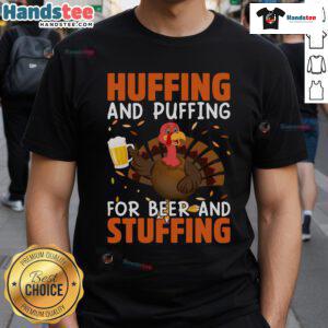 Funny huffing and puffing Thanksgiving turkey drinking t-shirt featuring a humorous design for beer lovers.