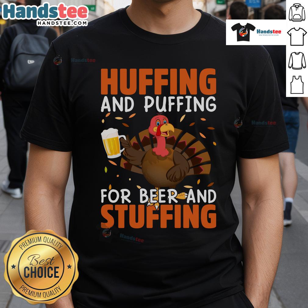 Funny huffing and puffing Thanksgiving turkey drinking t-shirt featuring a humorous design for beer lovers.