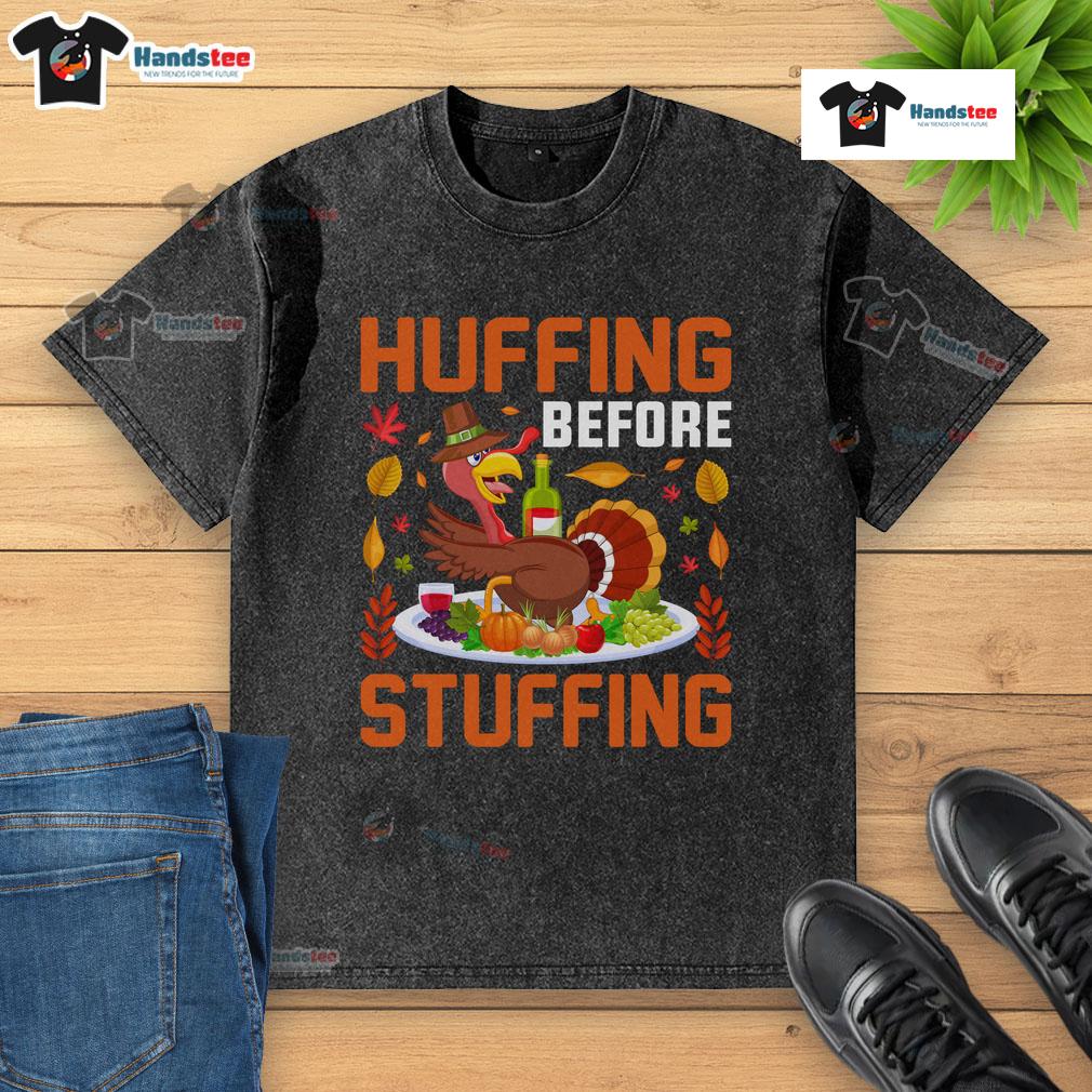 Funny Thanksgiving shirt featuring a huffing turkey and wine humor for a lighthearted holiday celebration.