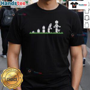 Funny Legolution Human Evolution Lego T-Shirt featuring playful Lego figures illustrating evolution humor.