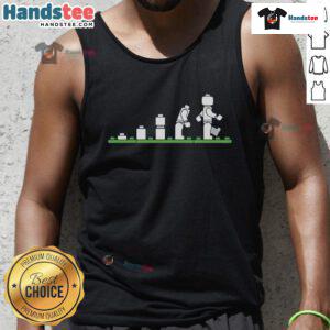 Funny Lego tank top featuring humorous human evolution graphic with Lego figures in a playful design.