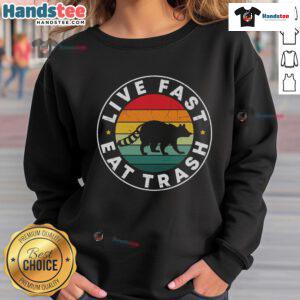 Alt Text: Vintage sunset sweatshirt featuring a funny raccoon with the phrase Live Fast Eat Trash in a playful design.