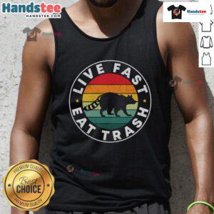 Vintage sunset tank top featuring a funny raccoon with the phrase 'Live Fast, Eat Trash' for a quirky style.