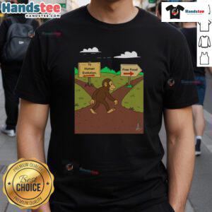 Alt Text: Funny monkey graphic on a Human Evolution Vs Free Food T-shirt, highlighting humor in the primal choice theme.
