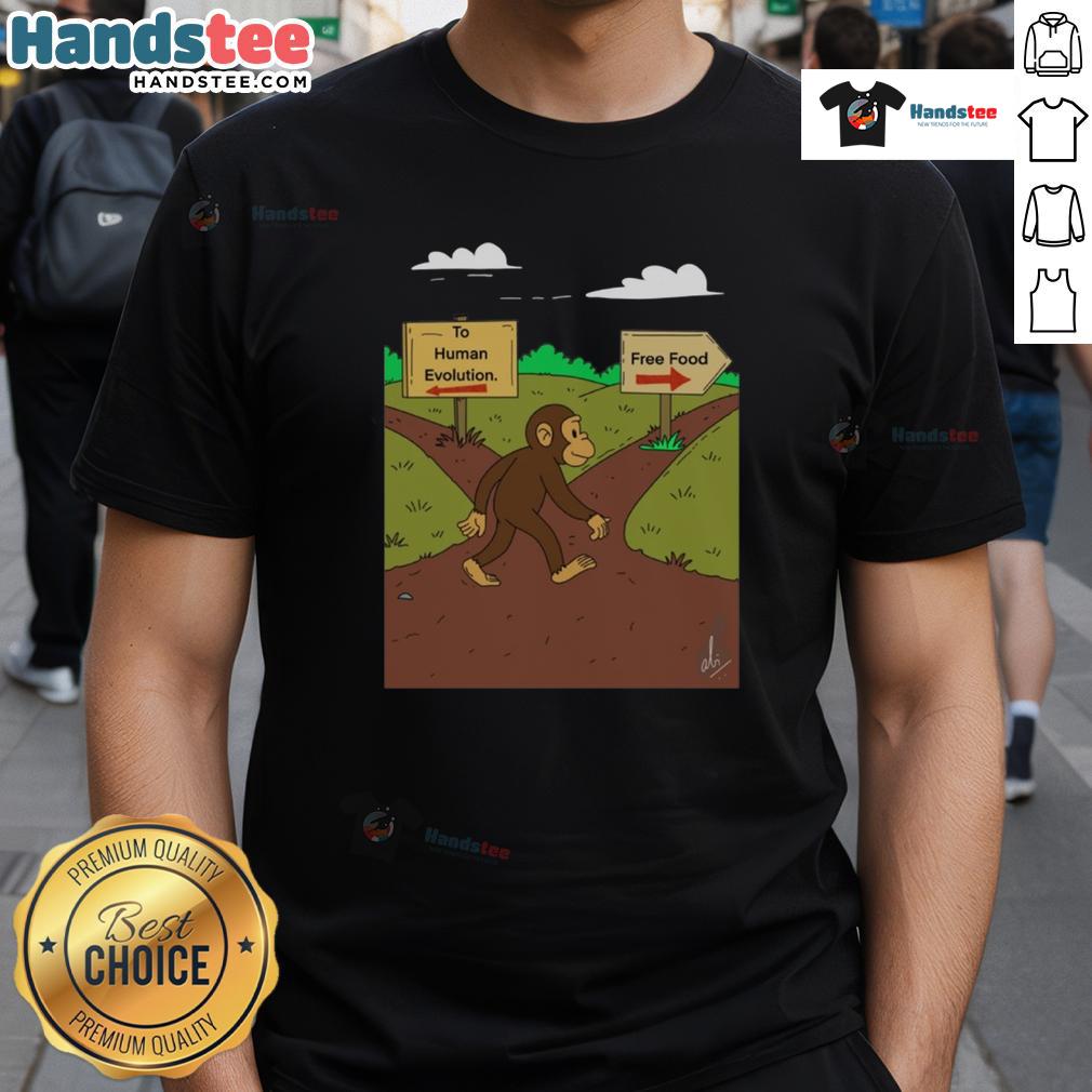Alt Text: Funny monkey graphic on a Human Evolution Vs Free Food T-shirt, highlighting humor in the primal choice theme.