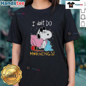 Alt Text: Funny Snoopy 'I Don't Do Mornings' ladies tee showcasing a playful design perfect for casual wear.