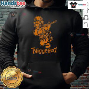 Alt Text: Funny triggered tiger soldier parody cartoon hoodie featuring a cartoon tiger in military gear, vibrant colors and humor.
