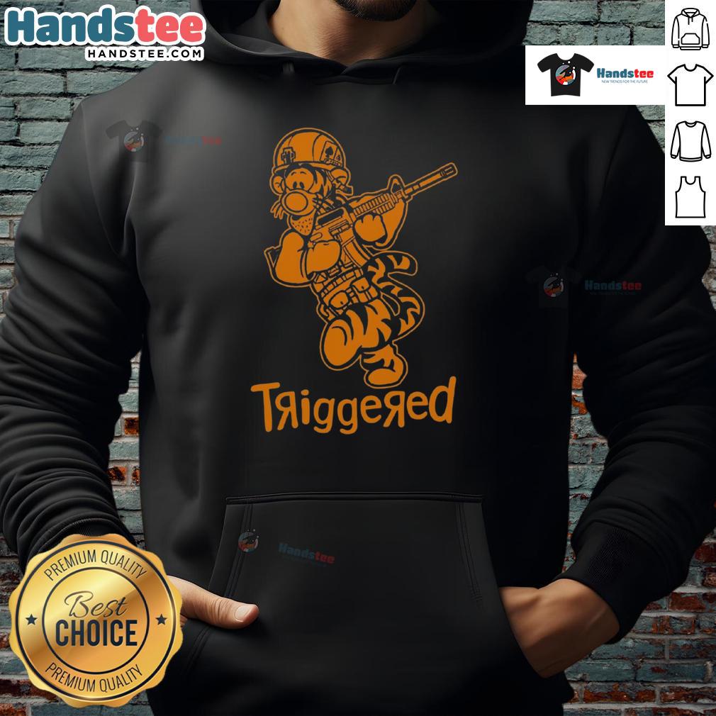 Alt Text: Funny triggered tiger soldier parody cartoon hoodie featuring a cartoon tiger in military gear, vibrant colors and humor.