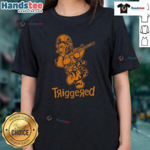 Funny triggered tiger soldier parody cartoon on a ladies tee, showcasing humor and unique design for animal lovers.