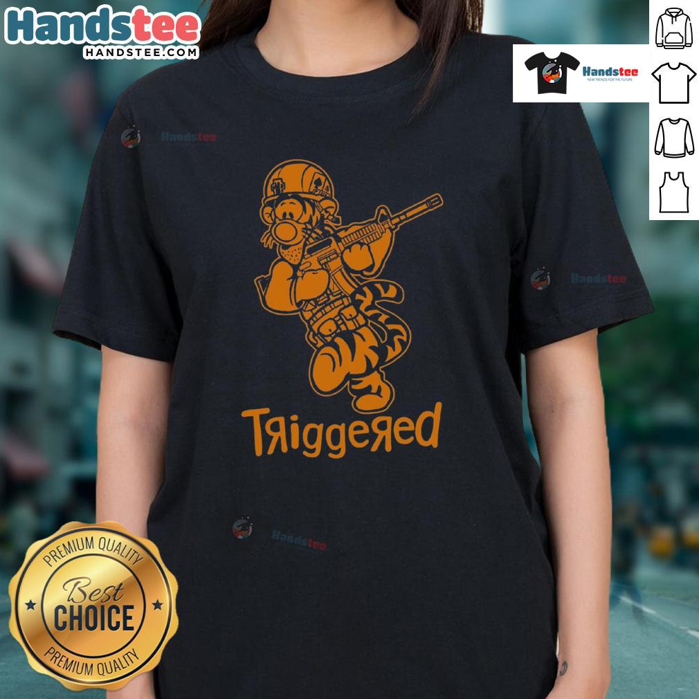 Funny triggered tiger soldier parody cartoon on a ladies tee, showcasing humor and unique design for animal lovers.