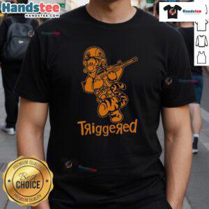 Funny Triggered Tiger Soldier parody cartoon T-shirt featuring a comical tiger in military gear, perfect for humor lovers.