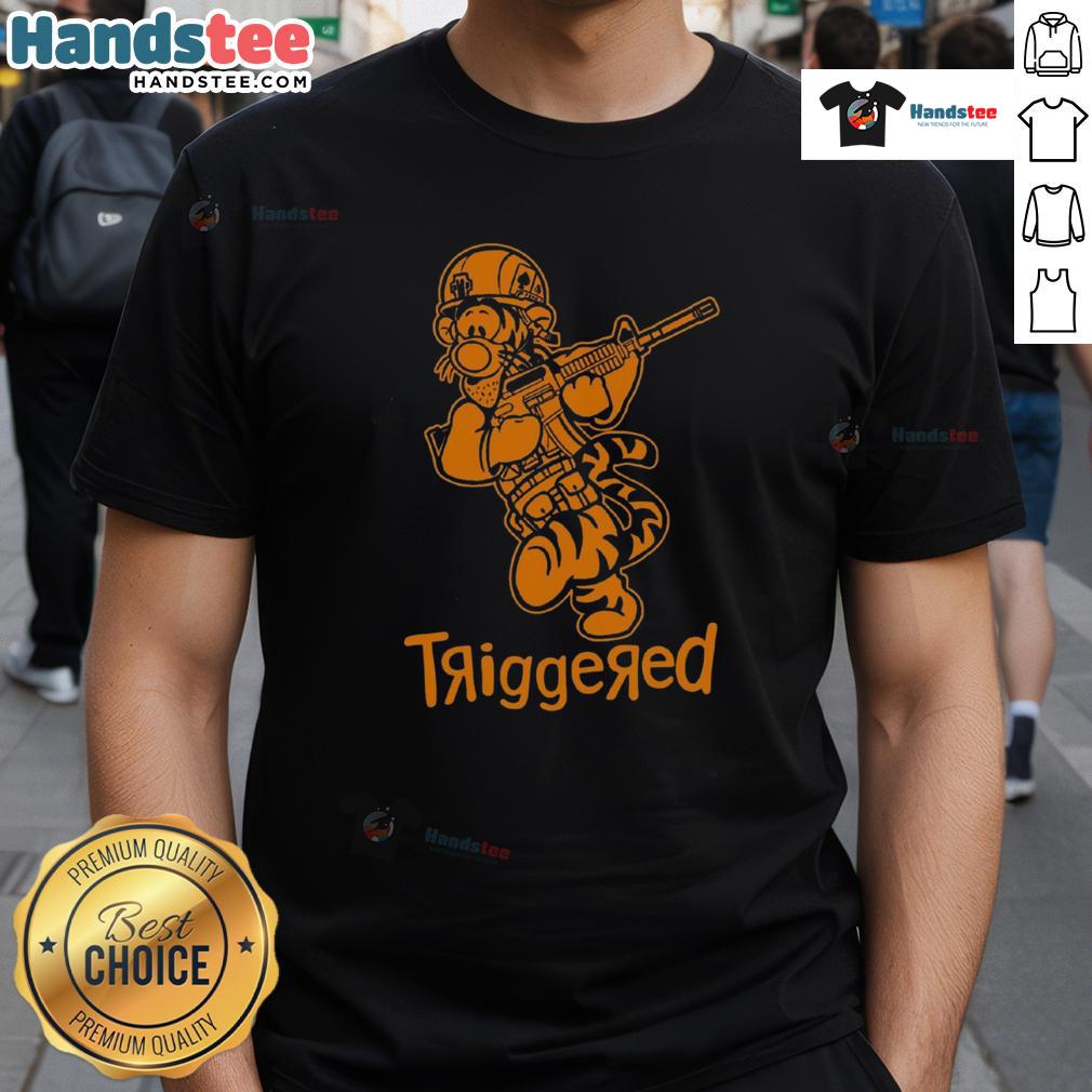 Funny Triggered Tiger Soldier parody cartoon T-shirt featuring a comical tiger in military gear, perfect for humor lovers.
