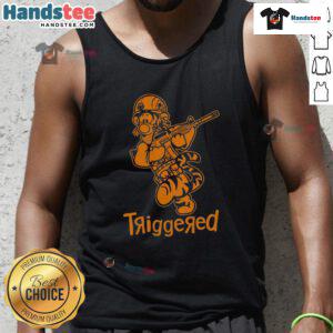 Funny triggered tiger soldier parody cartoon tank top featuring a humorous tiger in military gear with vibrant colors.