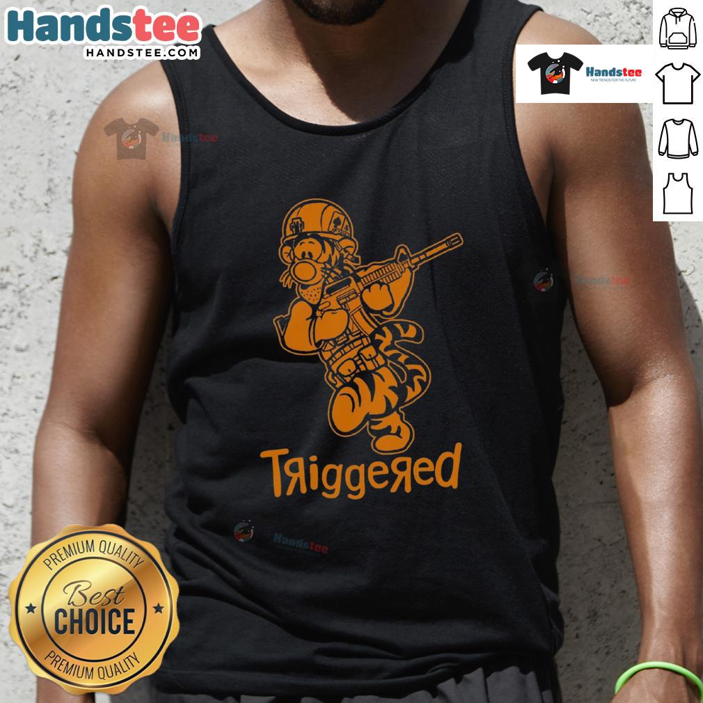 Funny triggered tiger soldier parody cartoon tank top featuring a humorous tiger in military gear with vibrant colors.