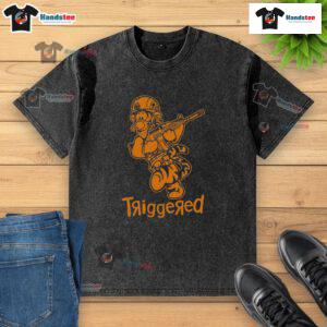 Funny triggered tiger soldier parody cartoon on a washed t-shirt, perfect for humor lovers and animal-themed apparel.