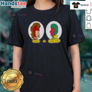 Funny Wanda and Vision head graphic on a ladies tee, perfect for Marvel fans and casual wear enthusiasts.