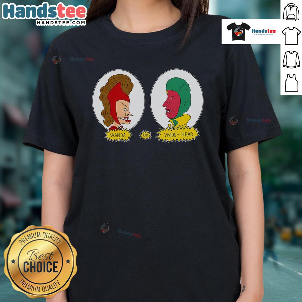 Funny Wanda and Vision head graphic on a ladies tee, perfect for Marvel fans and casual wear enthusiasts.