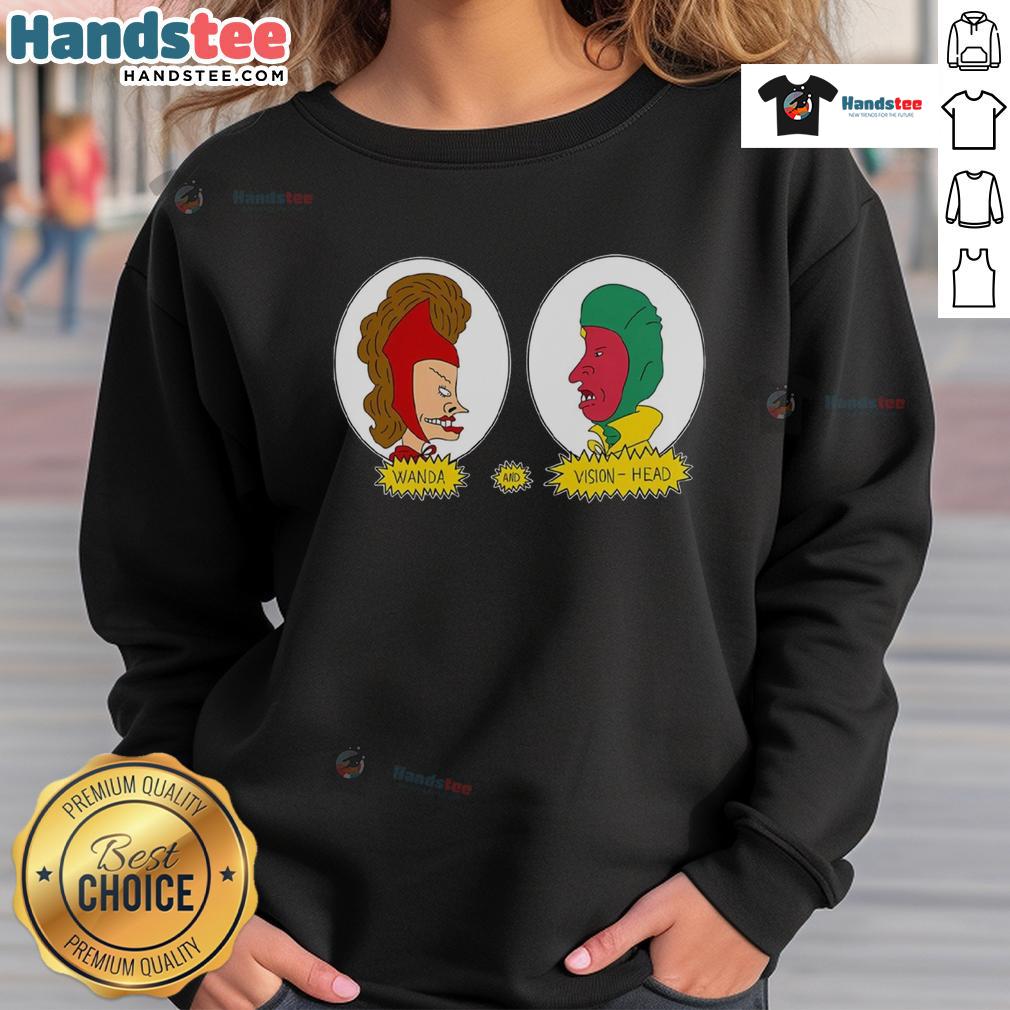 Funny Wanda and Vision head sweatshirt featuring vibrant graphics of the iconic Marvel characters in a playful design.