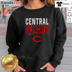 Cincinnati Reds 2025 playoffs clinched NL Central Division champions sweatshirt featuring team logo and vibrant colors.