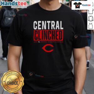 Good Cincinnati Reds Playoffs Clinched NL Central Division Champions 2025 T-Shirt featuring vibrant team graphics.