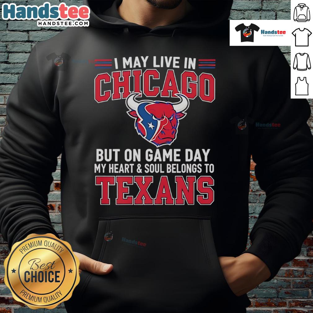 Alt Text: Fan wearing a Houston Texans hoodie in Chicago, showcasing loyalty on game day with team spirit.