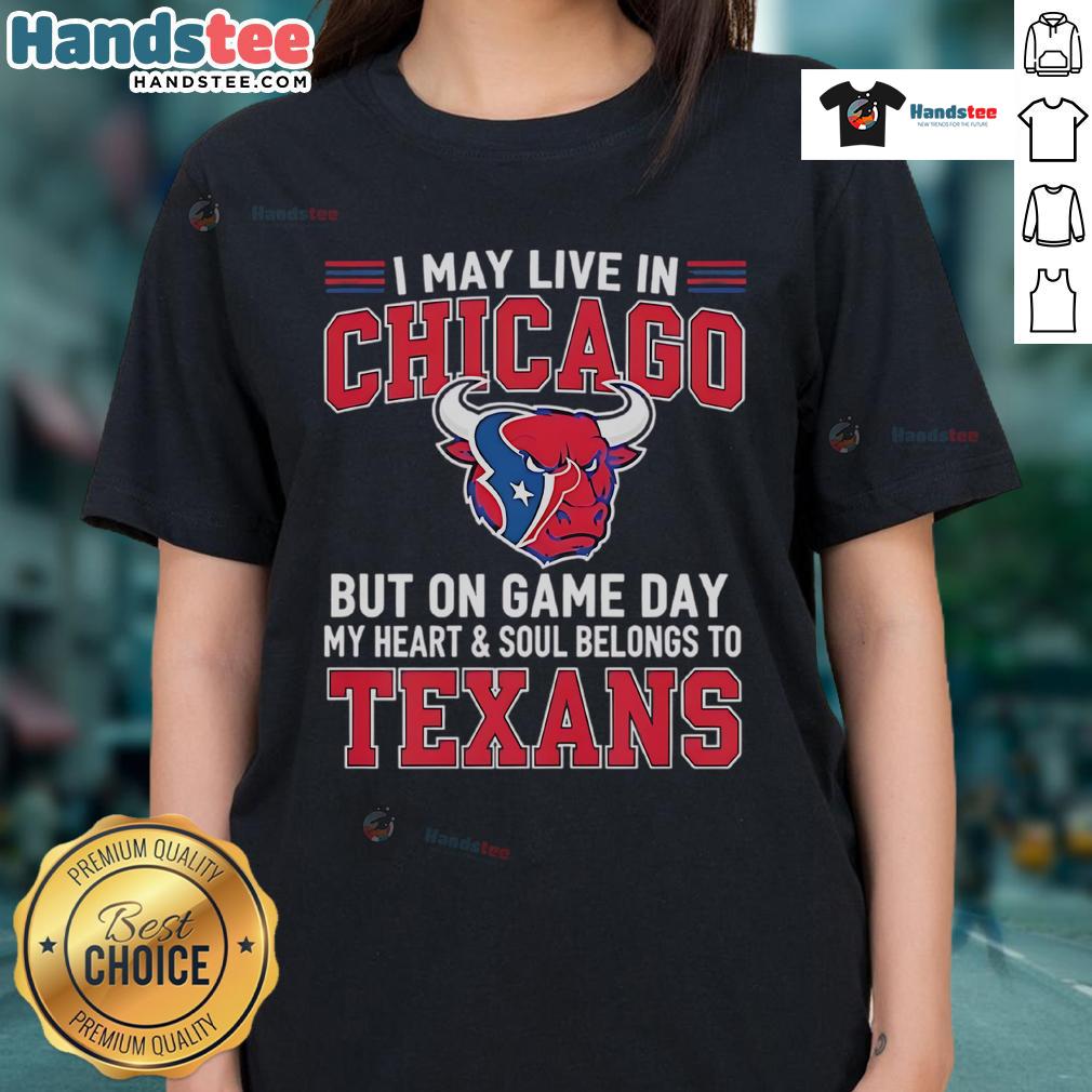 Chicago lady wearing a Houston Texans tee on game day, showcasing team spirit and loyalty to the Texans.