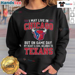 Chicago fan wearing a Houston Texans sweatshirt on game day, showcasing team pride and loyalty.