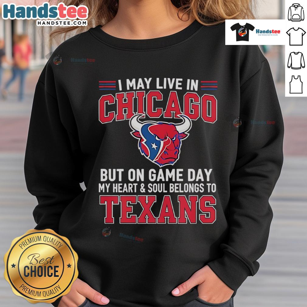 Chicago fan wearing a Houston Texans sweatshirt on game day, showcasing team pride and loyalty.