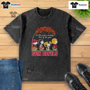 Good Peanuts It's The Most Wonderful Time Of The Year Sun Devils Arizona washed t-shirt displayed on a hanger.