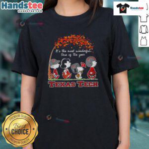Texas Tech Red Raiders ladies tee featuring 'Good Peanuts, It's The Most Wonderful Time Of The Year' design.