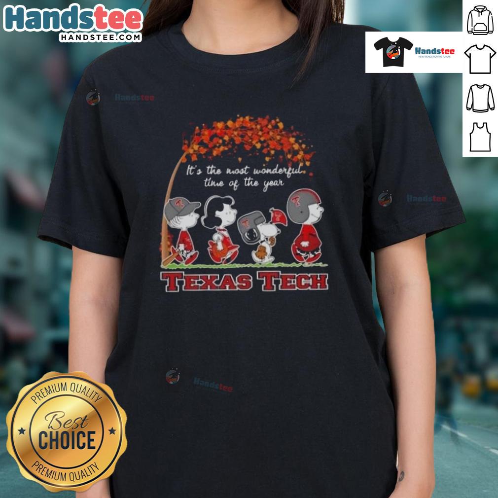 Texas Tech Red Raiders ladies tee featuring 'Good Peanuts, It's The Most Wonderful Time Of The Year' design.