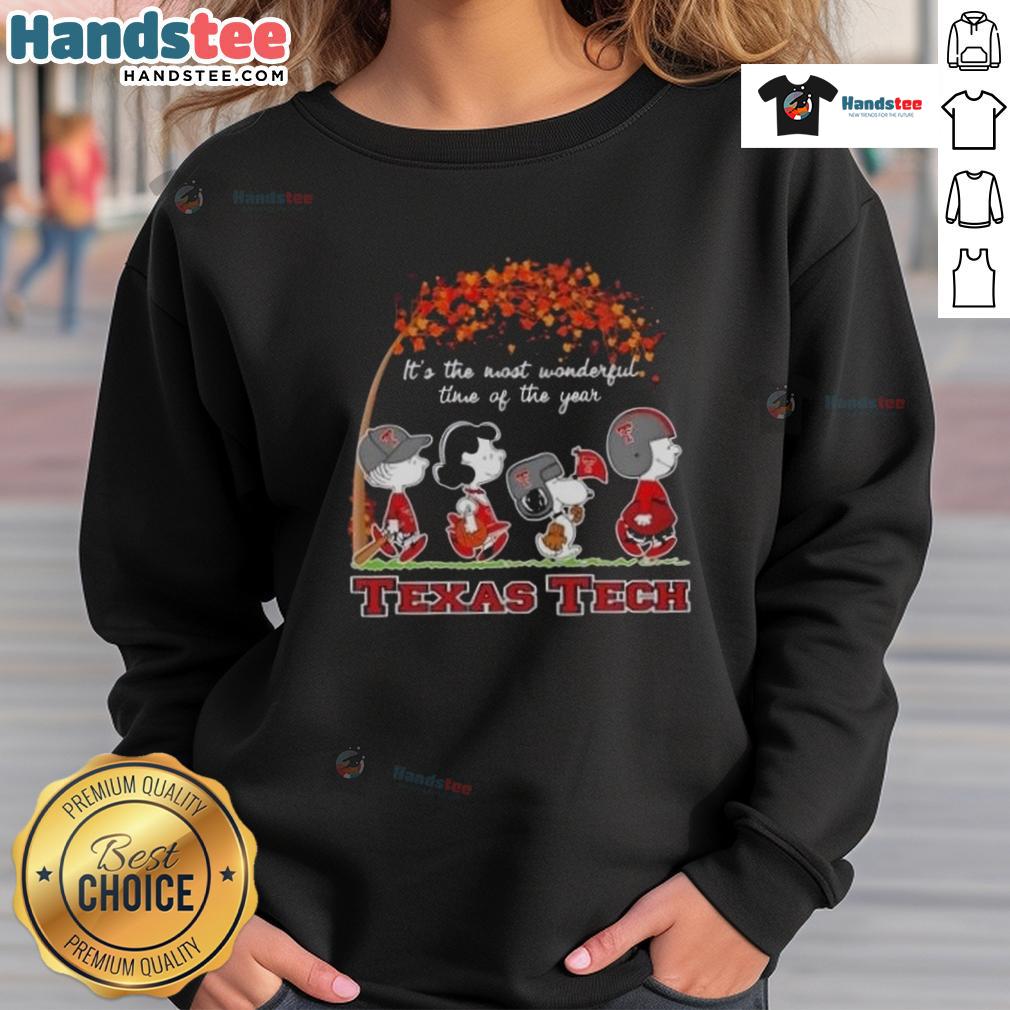 Alt Text: Texas Tech Red Raiders sweatshirt featuring It's The Most Wonderful Time Of The Year design with festive peanuts.
