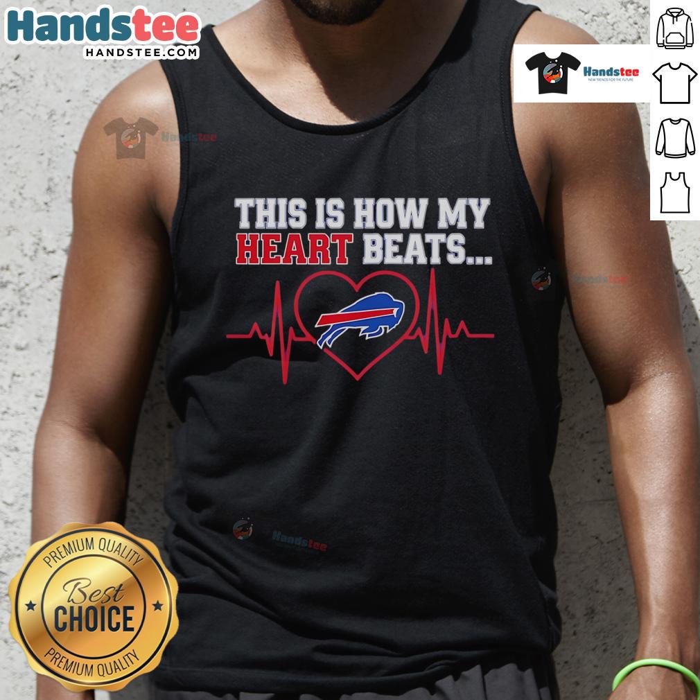Buffalo Bills tank top with 'This Is How My Heart Beats' graphic, perfect for fans and game day apparel.