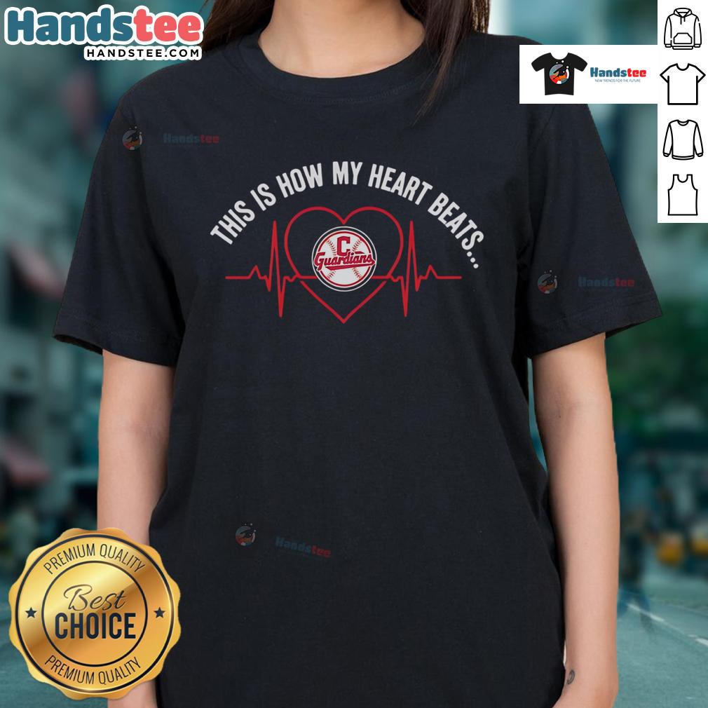 Cleveland Guardians ladies tee featuring 'Good, This Is How My Heart Beats' design in vibrant colors.