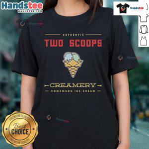 Good Two Scoops Creamery homemade ice cream ladies tee featuring vibrant graphics and soft fabric for ice cream lovers.