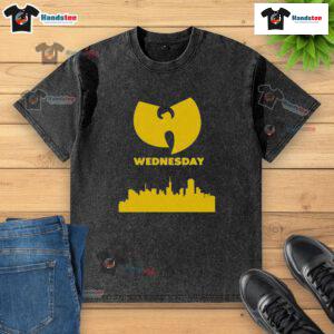 Good Wu-Tang Wednesday skyline washed t-shirt featuring iconic Wu-Tang logo and vibrant cityscape design.
