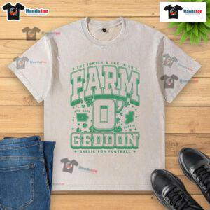 Happy Farm O'Geddon Max Collegiate washed t-shirt displayed on a rustic background, showcasing its vibrant design and casual style.
