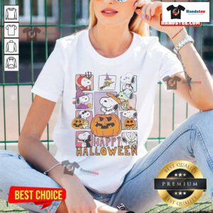 Alt Text: Happy Halloween Peanuts tee featuring Snoopy as a pumpkin, ghost, witch, and devil for festive celebrations.