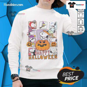 Happy Halloween Peanuts sweatshirt featuring Snoopy as a pumpkin, ghost, witch, and devil for festive celebrations.
