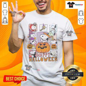Happy Halloween Peanuts Snoopy dressed as a ghost, with a pumpkin and witch, on a fun t-shirt design.
