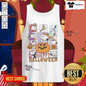Happy Halloween Peanuts tank top featuring Snoopy as a pumpkin, ghost, witch, and devil for festive celebrations.