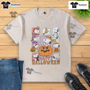 Happy Halloween Peanuts Snoopy t-shirt featuring pumpkin, ghost, witch, and devil designs for festive fun.
