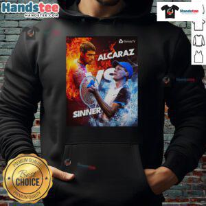 Hot Carlos Alcaraz vs Jannik Sinner tennis graphic hoodie showcasing fire vs ice design, perfect for tennis fans.