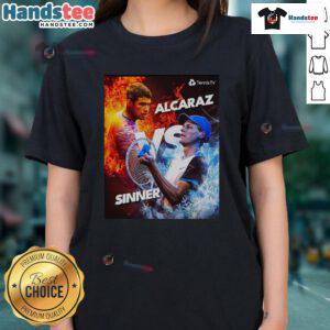 Hot Carlos Alcaraz vs Jannik Sinner tennis graphic on a ladies tee, showcasing fire vs ice theme in vibrant colors.